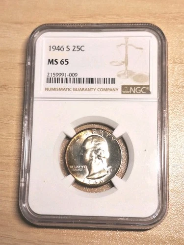 1946-S Washington Silver Quarter NGC MS 65 Nice Toning On Edge Uncirculated Coin