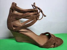 Brown Stacked Heel Lace-Up Gladiator Wedge Ankle Sandals  Zipper Back 3.5" Heel