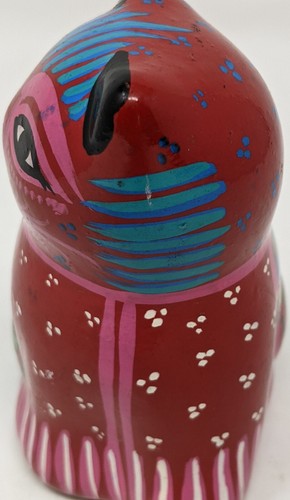 Folk Art 4" Cat With Bird On Design Hand Painted Mexico Terracotta Red Pink - Picture 13 of 19