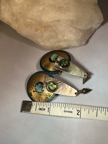 Vintage Studio Art Turquoise Labradorite Enamel Metal Dangle Modernist Earrings - Picture 5 of 5