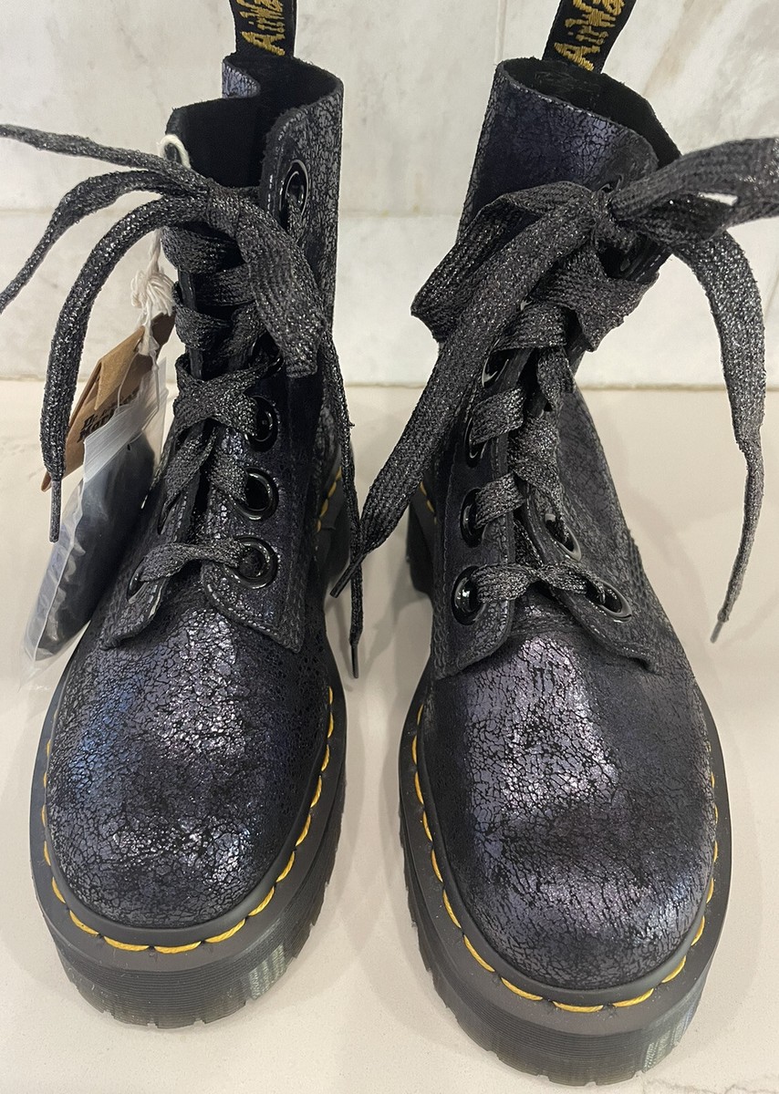 NWT DOC MARTENS Molly Iridescent Crackle Leather Platform Boots Navy