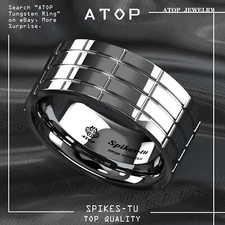 Silver Mirror Plated Tungsten Ring Grooved Mens Wedding Bands ATOP Jewelry