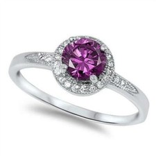 Halo Amethyst White Cz Engagement .925 Sterling Silver Ring
