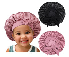 Satin Silk Bonnet Hair Cap: 2pcs Bonnets For Kids with Elastic Black-rosegold