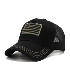 Black Embroidered American Flag Trucker/Baseball Cap - US Flag Hat Adjustable