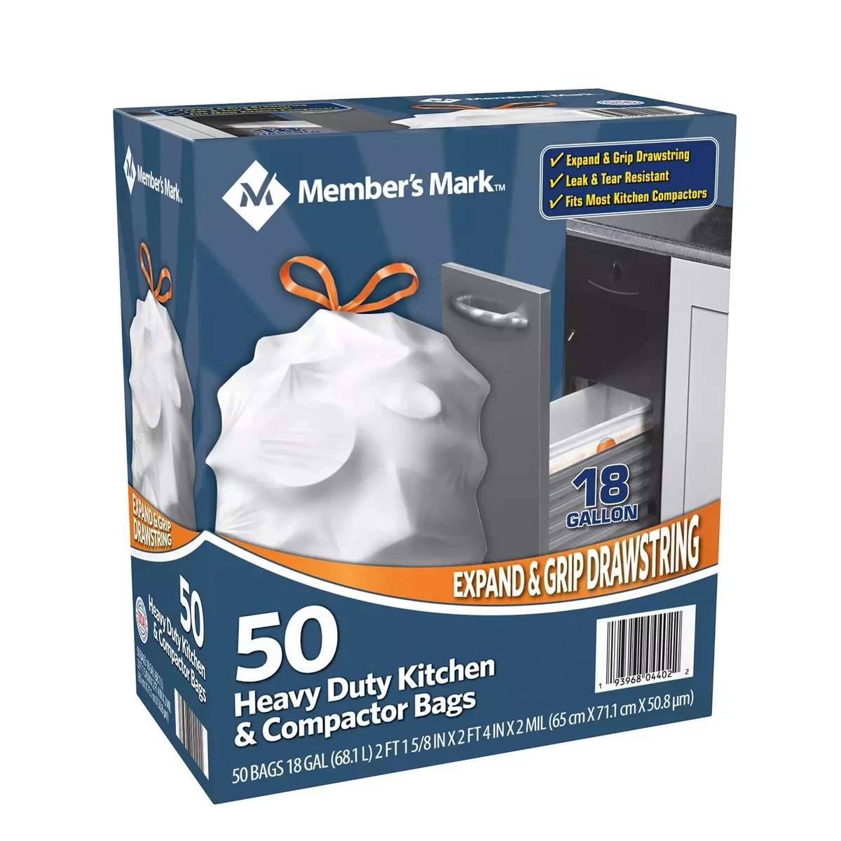 Members Mark Heavy Duty Kitchen Compactor Drawstring Trash Bags 18 Gallon  50 Ct 193968044022