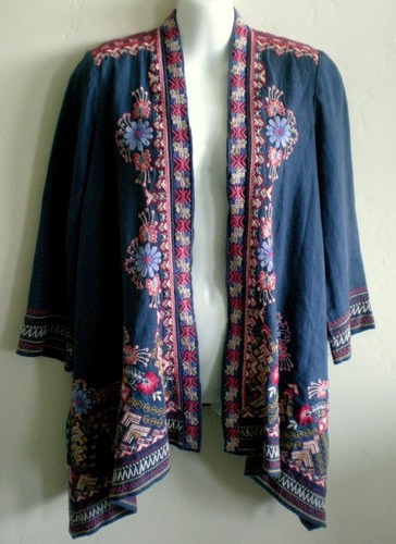 Johnny Was XS Frederique Draped Blue Linen Embroidered Open Jacket 3/4 Sleeves - Picture 3 of 10