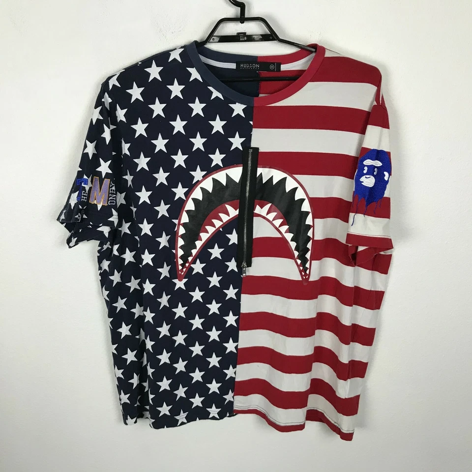 Camisa Hudson Outerwear 4X Rojo Blanco Azul Bandera Get The Money We Killed Ape Teeth Foto 2 de 4