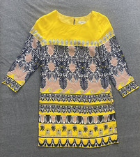 J Crew Shift Dress Womens 2 Yellow Blue 100% Silk Geometric Pockets