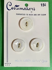 (3) VINTAGE 3/4" COSTUMAKERS WHITE SHELL 2-HOLE BUTTONS NOS CARD MADE in USA-O9