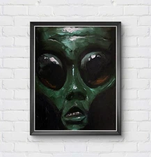 Original 11 x 14 Abstract Green Alien Face Acrylic Painting