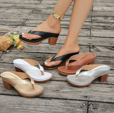 Ladies Heeled Flip Flops Toe Post Chunky Block Heel Summer Outdoor Slip Sandals 