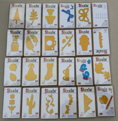 Lot of 24 Sizzix Medium Yellow & Blue Dies Tree Fern Leaves Balloon Gifts etc.