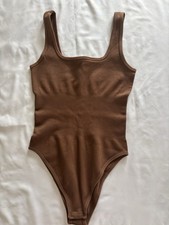 OQQ Brown Ribbed One Piece Bodysuit Stretch Solid Size S Women