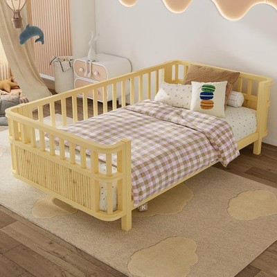 Kids Bed Twin Size with Railings, Montessori Bed Frame with Low Profile Design