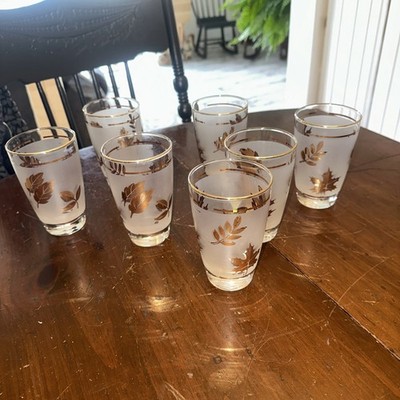 Vtg. Libby Golden Foiliage Frosted Glasses Set of 7 Gold Rim Great Cond.  photo