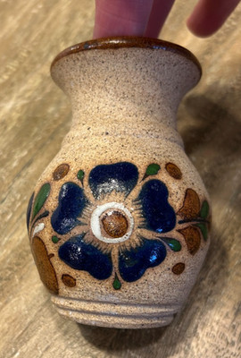 Tonala Mexican Pottery Small Vase Floral Signed JC MEXICO Vintage Stoneware
