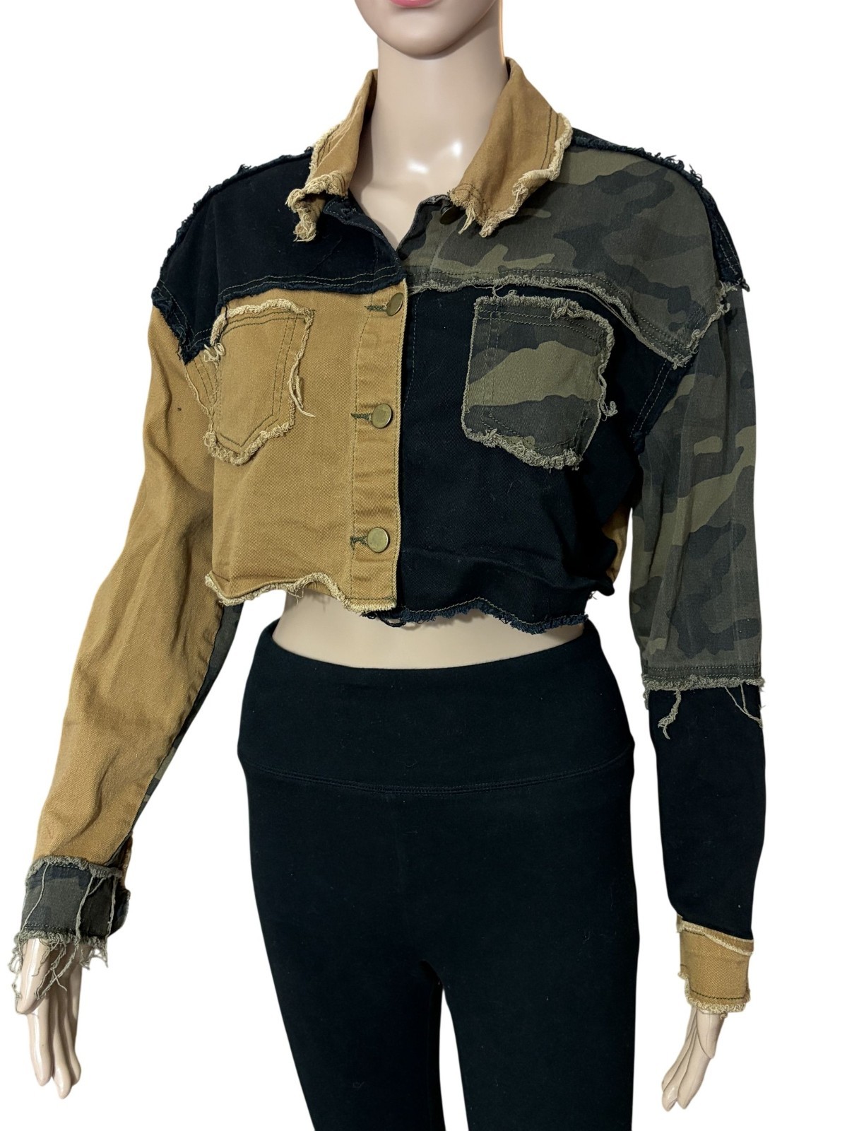 Fashion Nova Patchwork Cropped Jacket Size Medium - image 1
