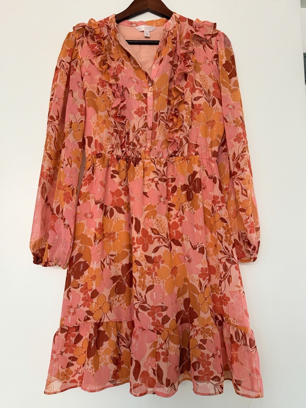 LC Lauren Conrad Floral Chiffon Ruffle Knee Length Dress Pink Orange M