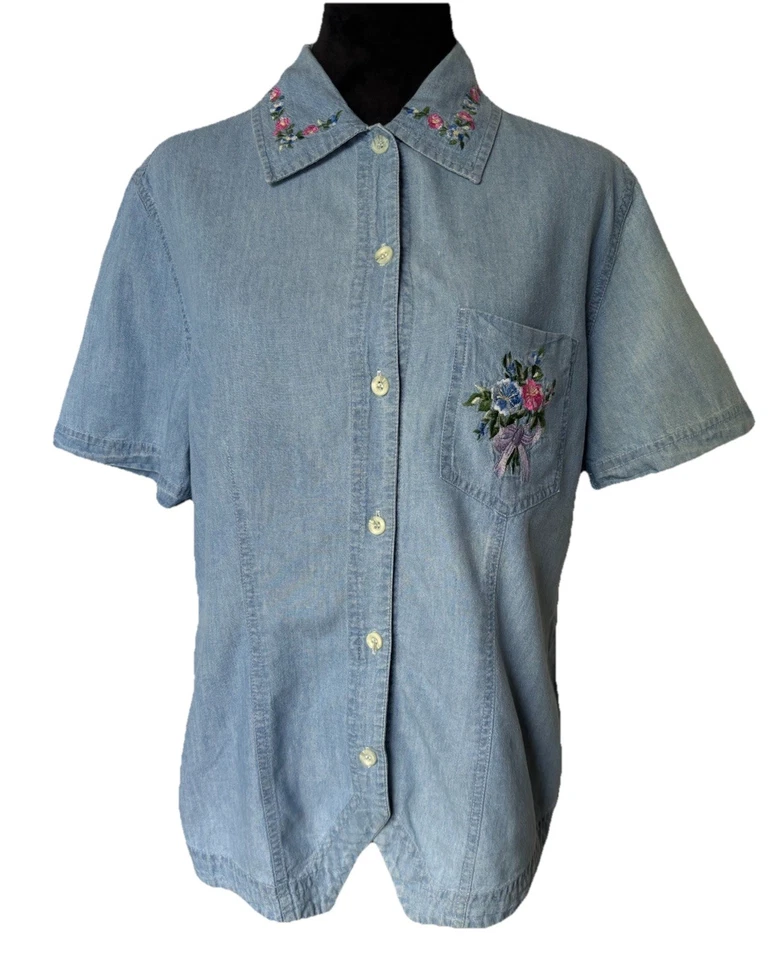 Camisa Denim Manga Corta Solutions Original De Colección Bordada Abuela M Foto 2 de 4