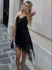 Women's Summer Asymmetrical Beach Midi Dress Lace Strapless Satin Long Dress (M)