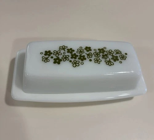 Vintage Pyrex Crazy Daisy Butter Dish With Cover 72-B Green and White