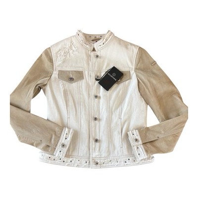 Milestone Jacket Womens Cream Jean Coat W Leather Sleeve Distress Sz Med / 38
