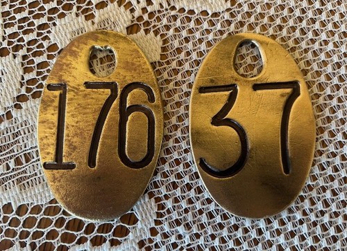 Vtg BRASS Dairy COW Numbered TAGS-Dbl-Sided-FARM-Unique Decor
