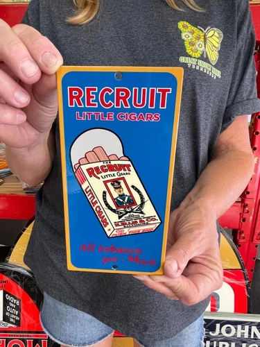 Vintage Old Style Sign Recruit Tobacco 7x3 Door Push NOT Porcelain Made USA