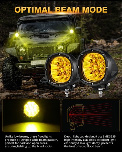 AUXBEAM 4" Amber LED Work Light Flood Fog Light Pods For Ford Hummer Dodge Jeep - Picture 5 of 12