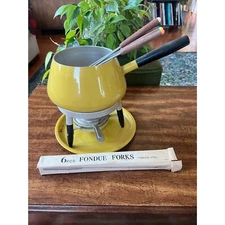 COMPLETE Vintage 1970s MCM Yellow Enamel Fondue Pot Set w/ Burner & Wood Forks