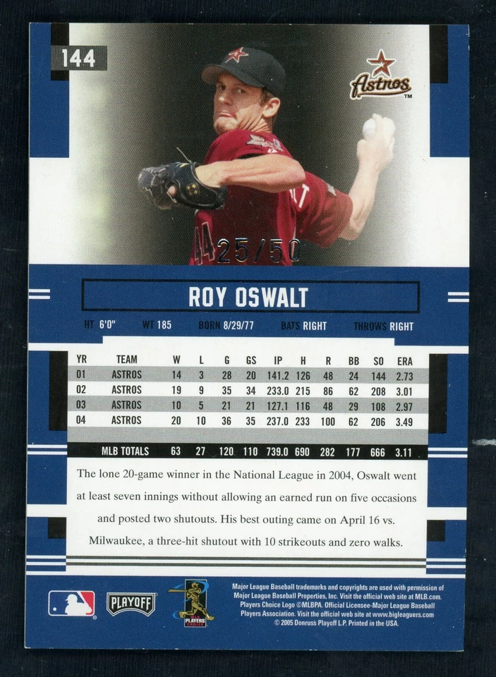 2005 Playoff Prestige Xtra Bases Green Parallel /50 Roy Oswalt #144 - Image 3 of 3