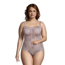Lands End Pink Paisley One Piece Swimsuit Tummy Control Shirred UPF 50 Size 10