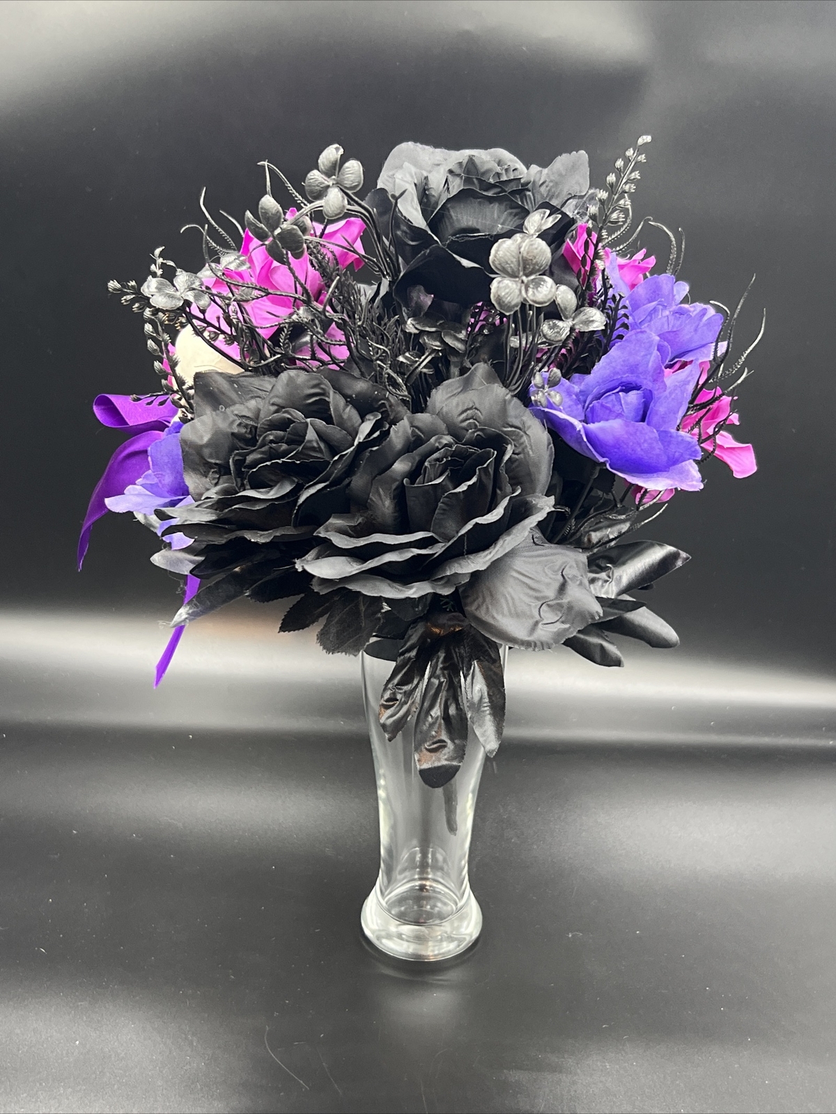 Haunted Hill Farm Halloween Bouquet w/ Pink and Black Flowers & Skull
