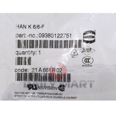 New In Box HARTING 09380122751 Connector Female Core 700A 690V