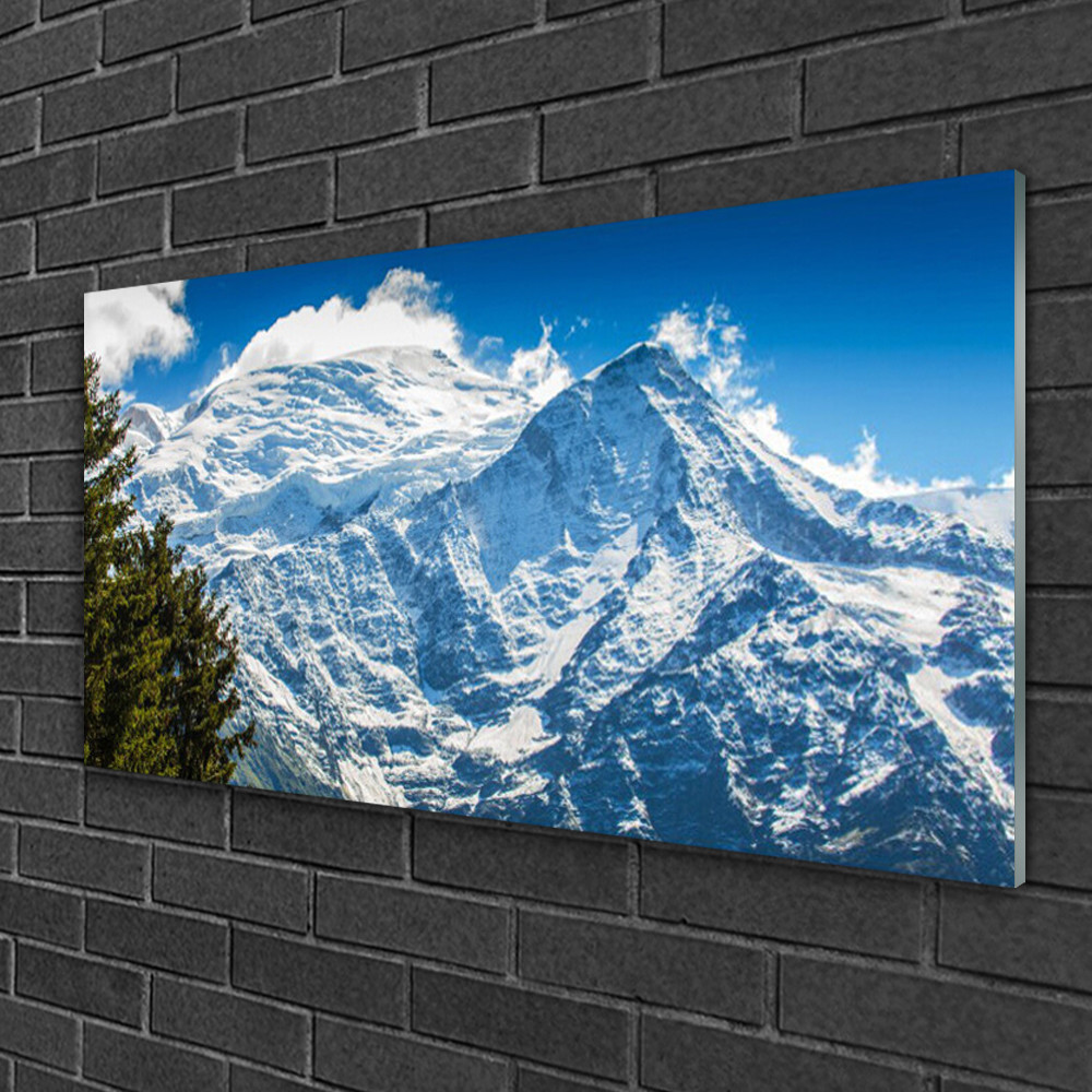 Tableau sur verre paysage montagne et arbre impression moderne 100x50 cm pour salon