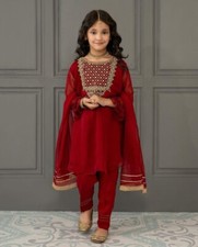 Designer Kids Girls Dress with Dupatta Fancy Red Party Wear Bollywood New Indian