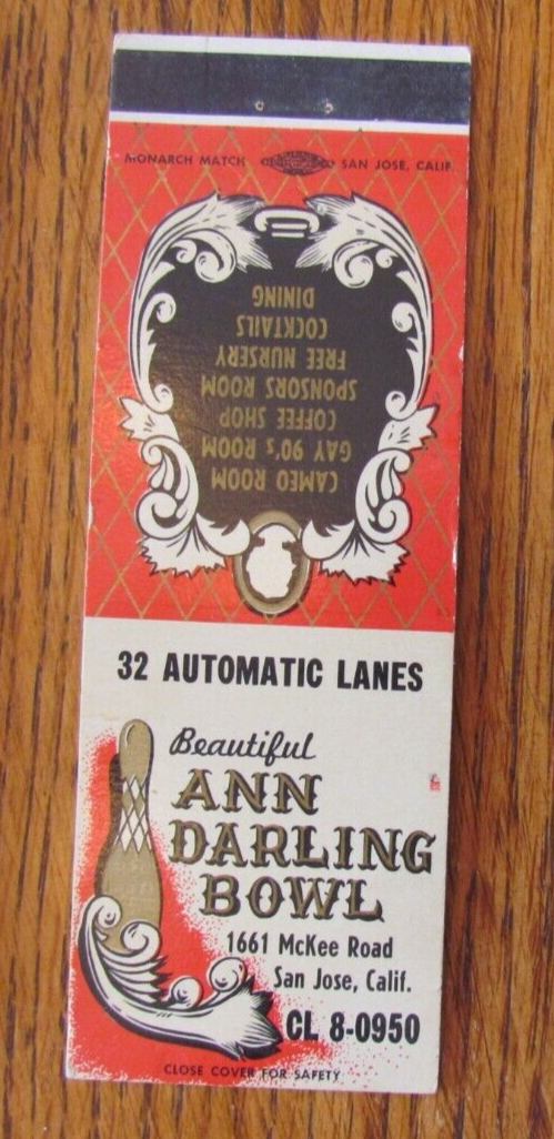 ANN DARLING BOWLING LANES MATCHBOOK COVER: SAN JOSE, CALIFORNIA MATCHCOVER  -C2