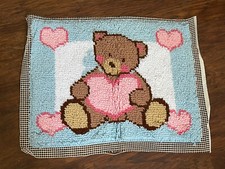 Teddy Bear Heart 27  X 20  Completed Latch Hook Rug Nursery Pink Blue Baby