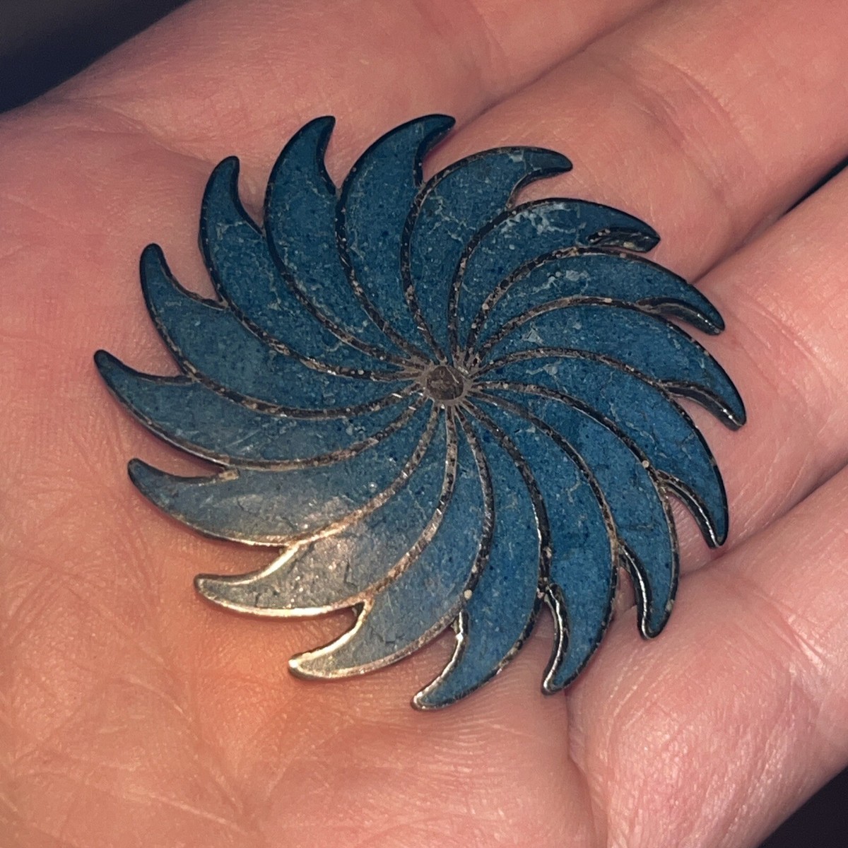 SIGNED MEXICO 925 STERLING SILVER BLUE INLAY STONE FLOWER BROOCH