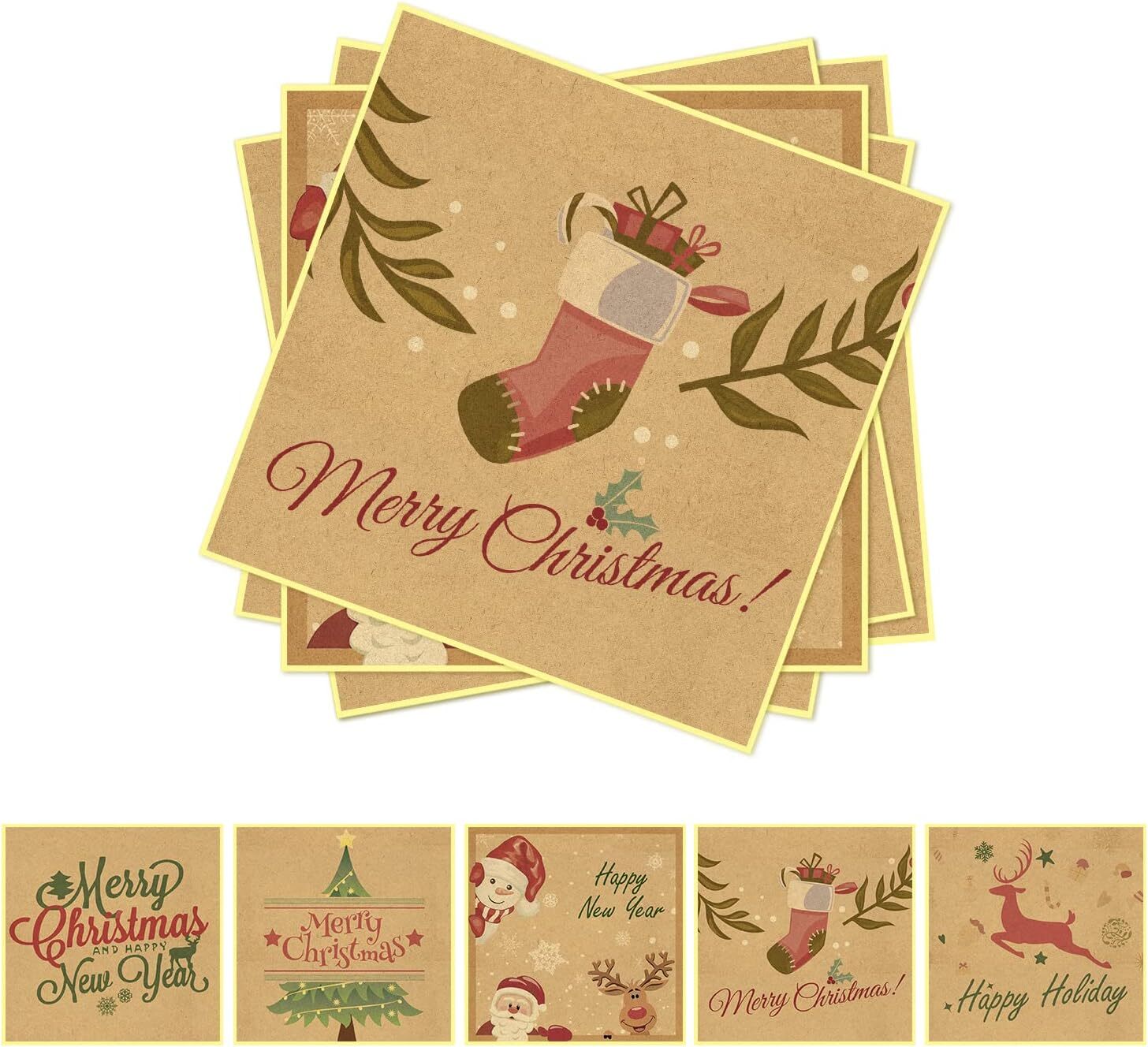 Merry Christmas Stickers Gift Tags Xmas Labels 4 x 4 Inch Natural Kraft Paper