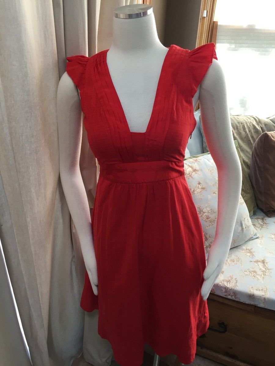 Maeve Anthropologie Red Textured Empire Tie Waist Dress Pleated 2 Excellent  | eBay UK