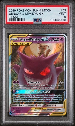 2019 POKEMON SUN & MOON TEAM UP #53 GENGAR & MIMIKYU GX PSA 9