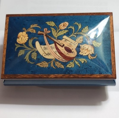 Blue Music Box with Floral and Mandolin Inlay, Isle of Capri Tune