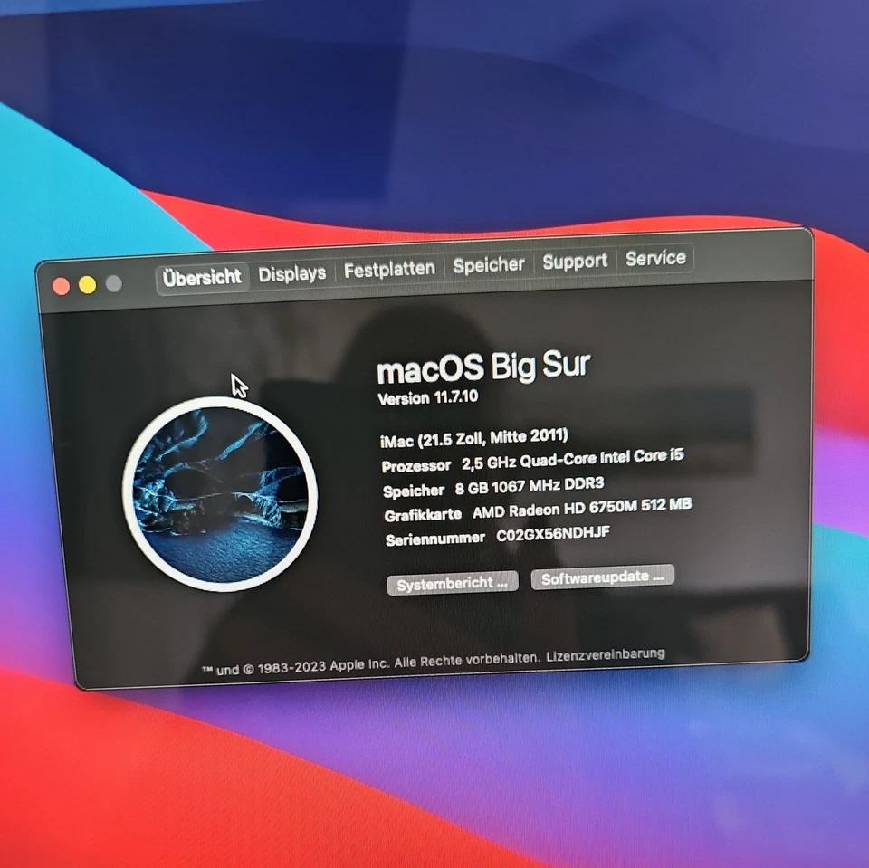 Apple iMac 21,5" ( Mitte2011) Intel Core i5 2,5GHz-8Gb-256Gb ssd .Mac OS Big Sur - Bild 2 von 4