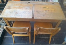 Childrens Double Victorian School Desk With Ink Wells And Two Chairs