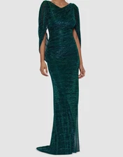 Betsy & Adam Jade Green Blue Metallic Drape Sleeve Sheath Gown Size 10 $259