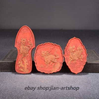 3PCS Huizhou Old Cinnabar Ink Gilded ''Qilin'' Calligraphy Inkstick Set 青麟髓