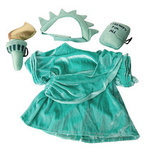 Conjunto de Disfraz Build A Bear Estatua de la Libertad Vestido Corona Antorcha Libro Terciopelo Verde