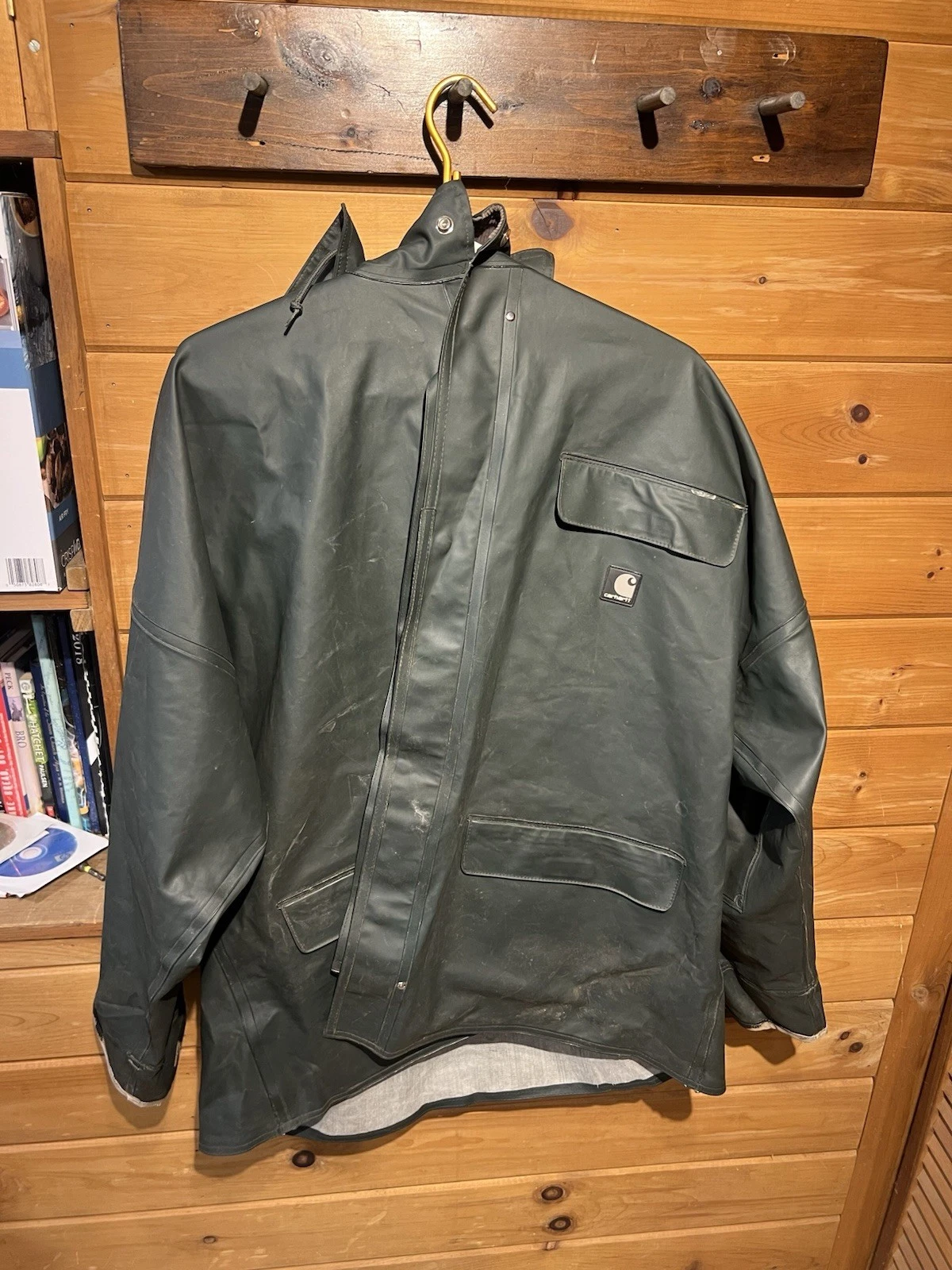 Carhartt Rain Jacket Mens XL Green Surrey Hooded Waterproof PVC Work Coat C64GRN